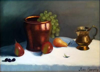 Copper pots with grapes and pears