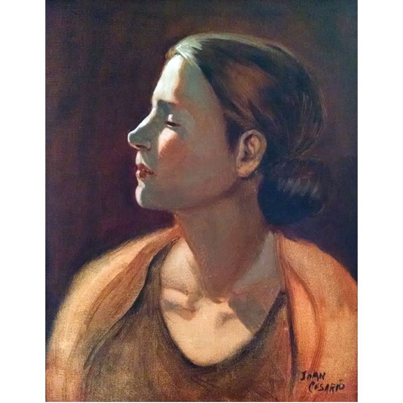 Joan Cesario's painting of a female portrait in profile, followed by a slideshow of other paintings
