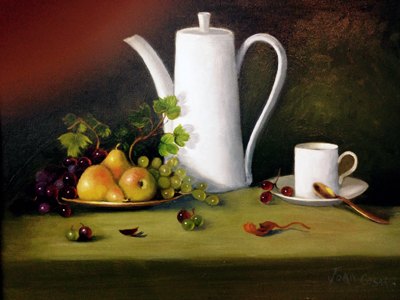 Tea set with grapes and pears.